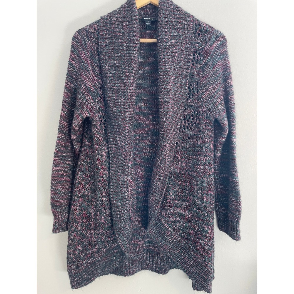 Torrid Womens Space Dye Open Front Cardigan 1X Shawl Collar Pointelle Knit Boho